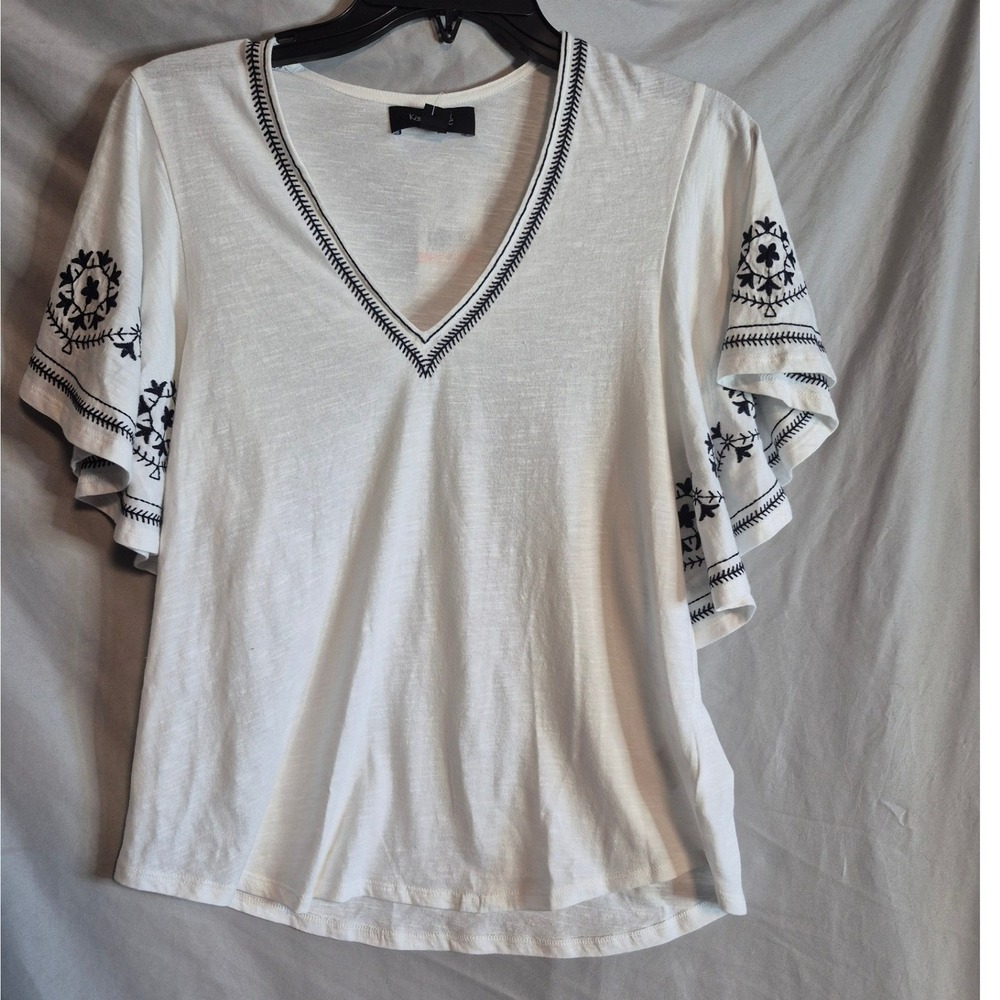 Karen Kane Embroidered Flutter Sleeve Top White Black V Neck